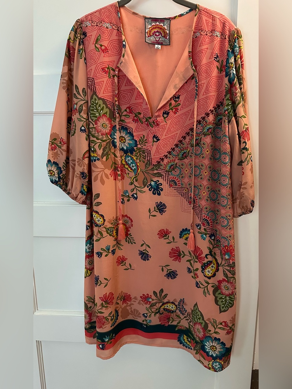 Johnny Was Peach Floral V-Neck Tunic with Tassel Ties